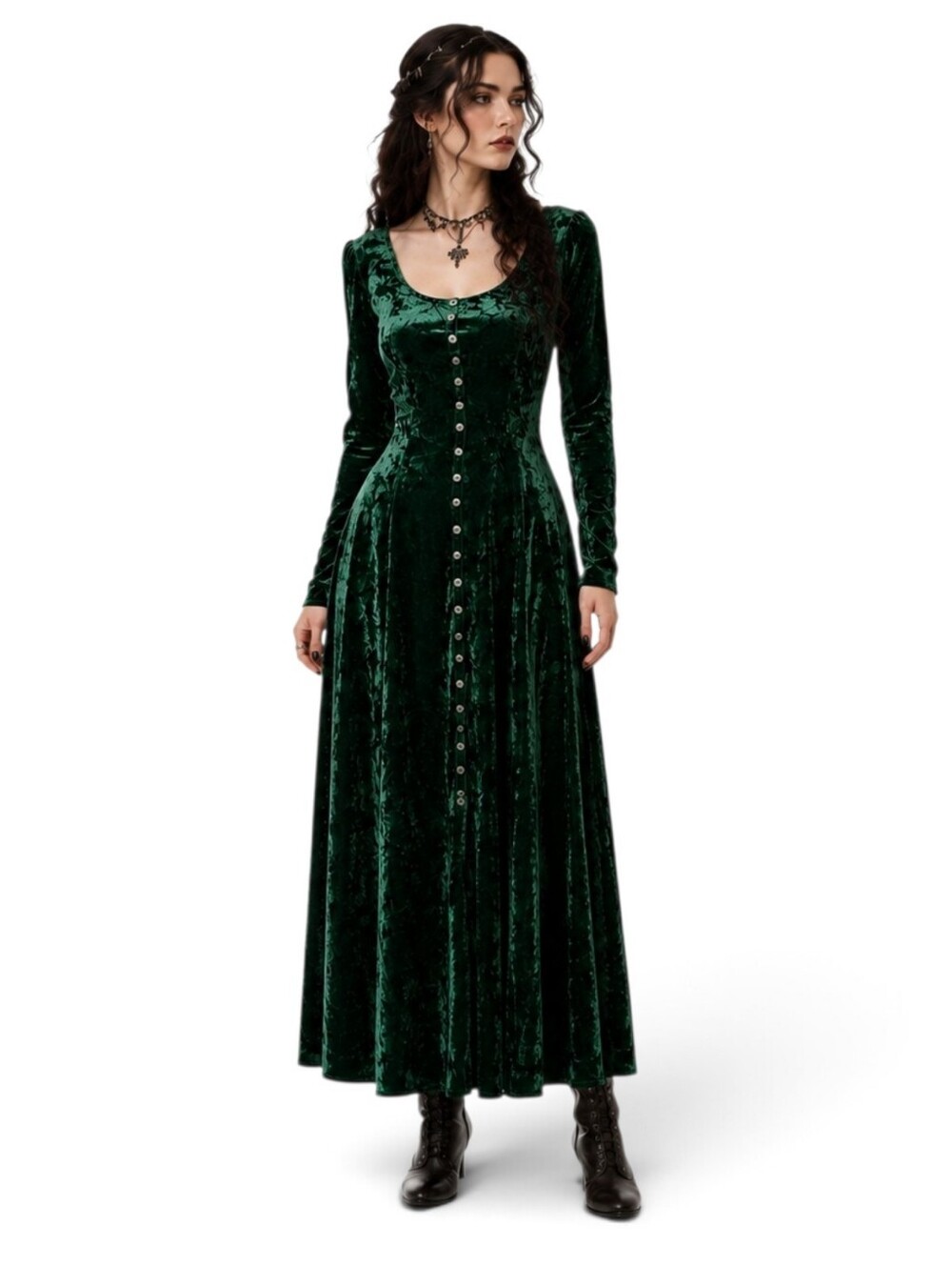 Vintage Dark Green Velvet Long Sleeve Maxi Dress